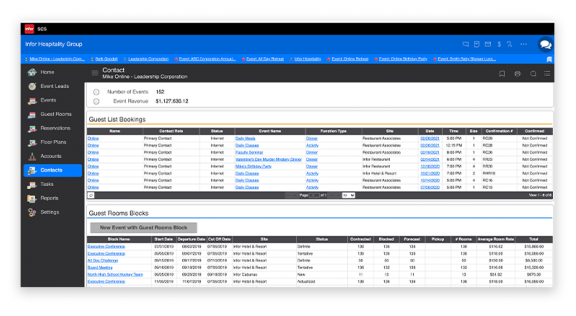 Infor SCS 宾客体验和客户关系管理功能屏幕截图。