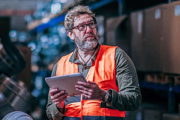 仓库中，员工手持平板电脑使用 Infor Supply Planning。
